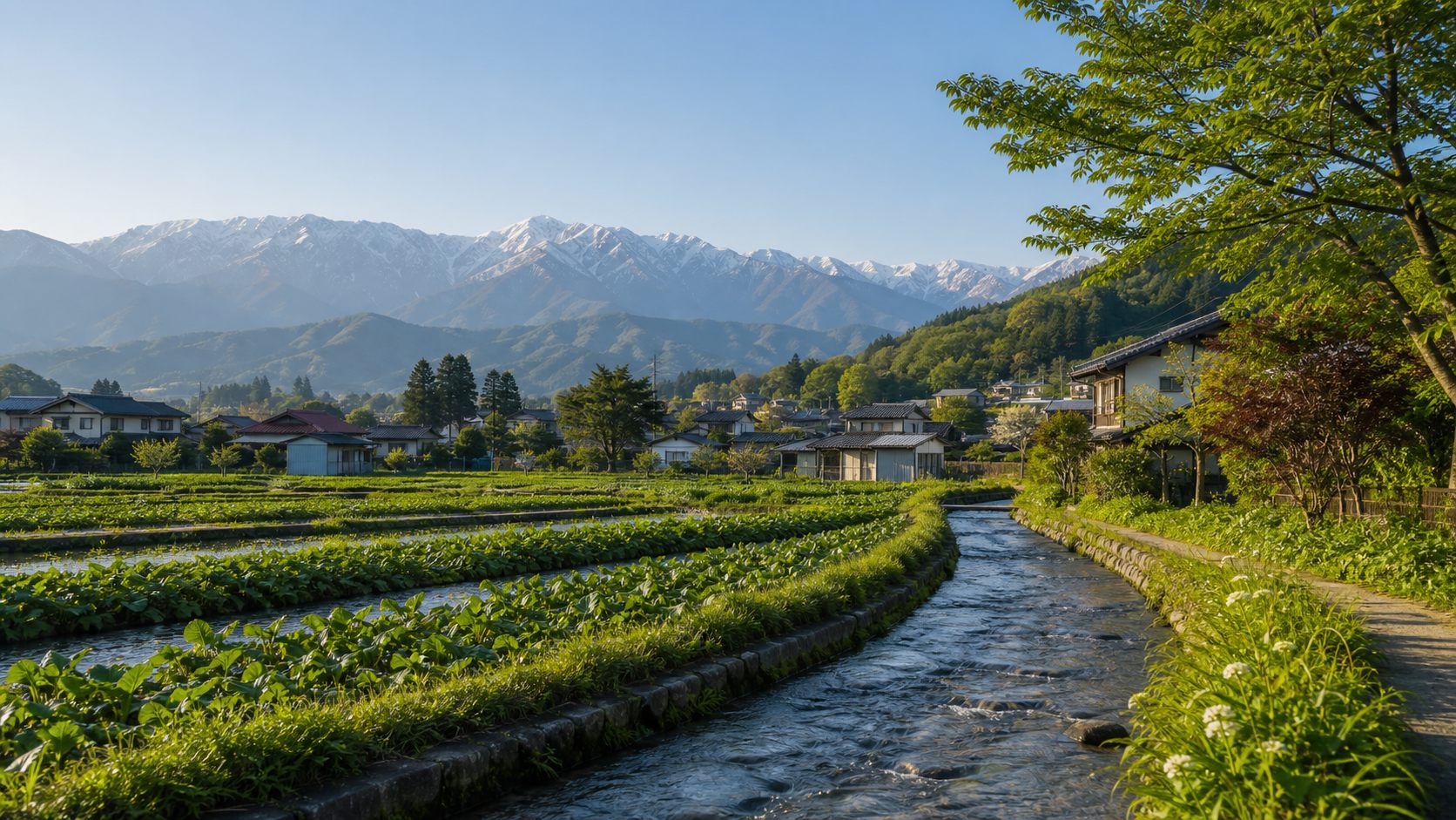 北アルプスを背景に水路と田園が広がる安曇野の田舎暮らしのイメージ風景