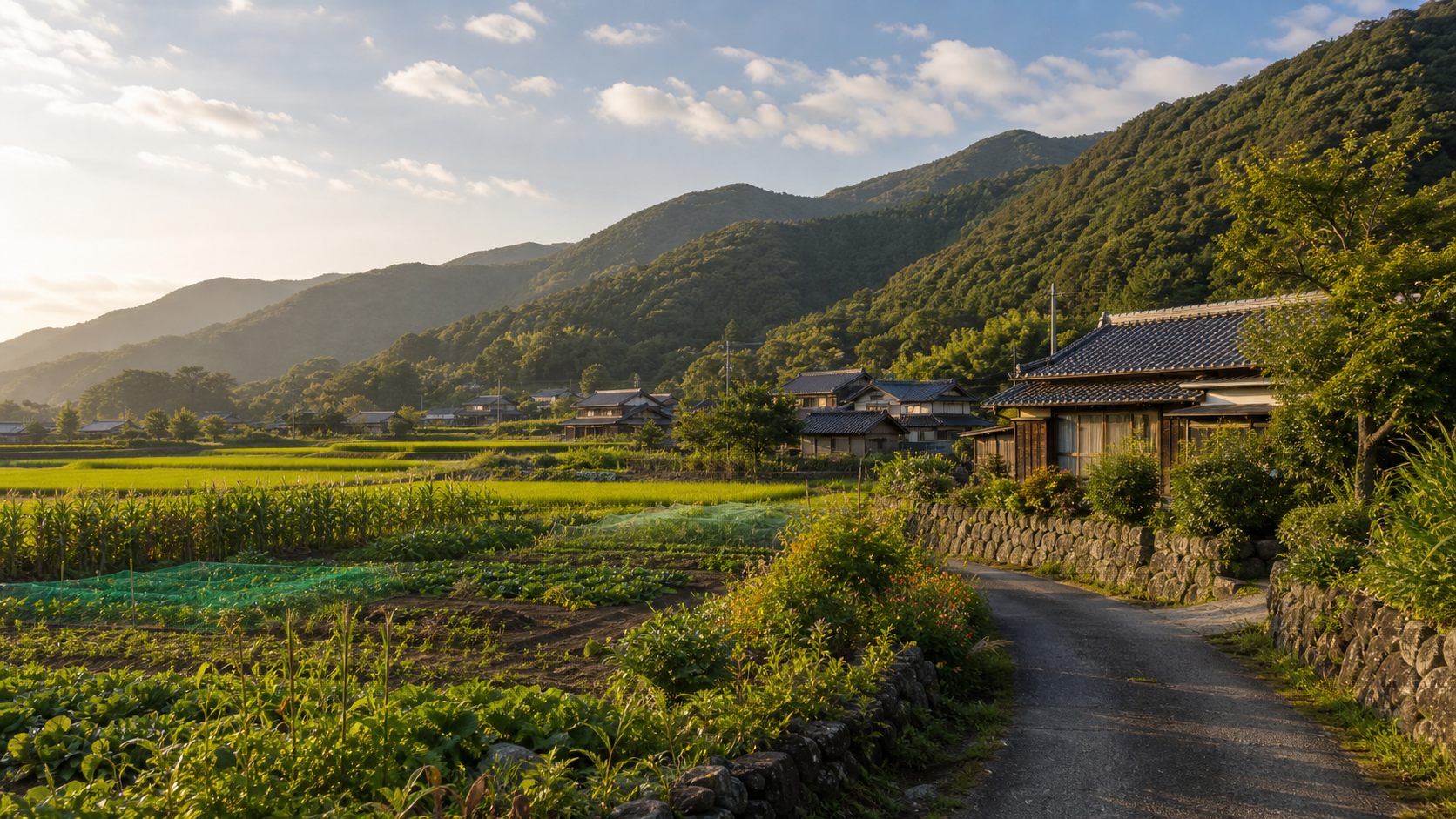 里山と古い集落と畑が広がる豊後高田の田舎暮らしのイメージ風景