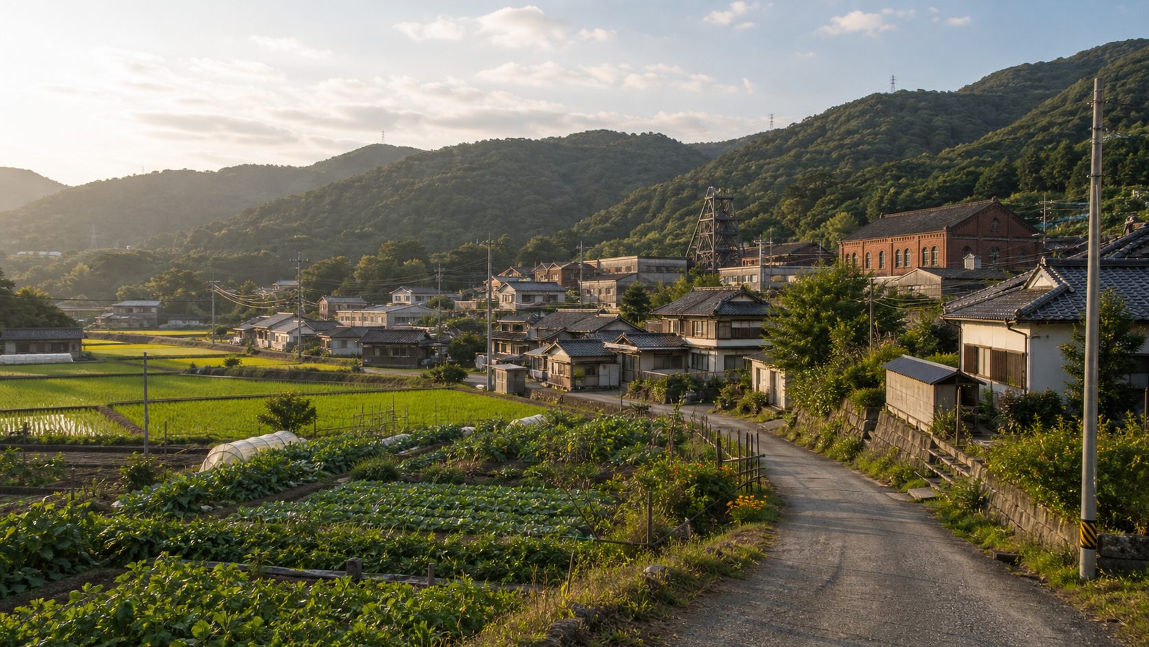 山あいの町と畑が広がる筑豊の田舎暮らしのイメージ風景