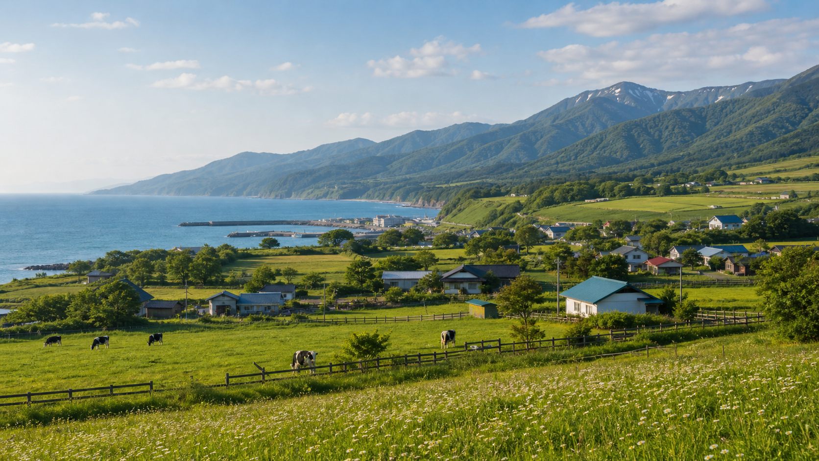 海と牧草地と低い山が見える道南の田舎暮らしのイメージ風景