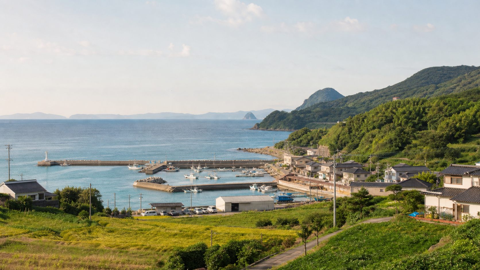 海辺の港と集落と畑がある九州北部の田舎暮らしのイメージ風景