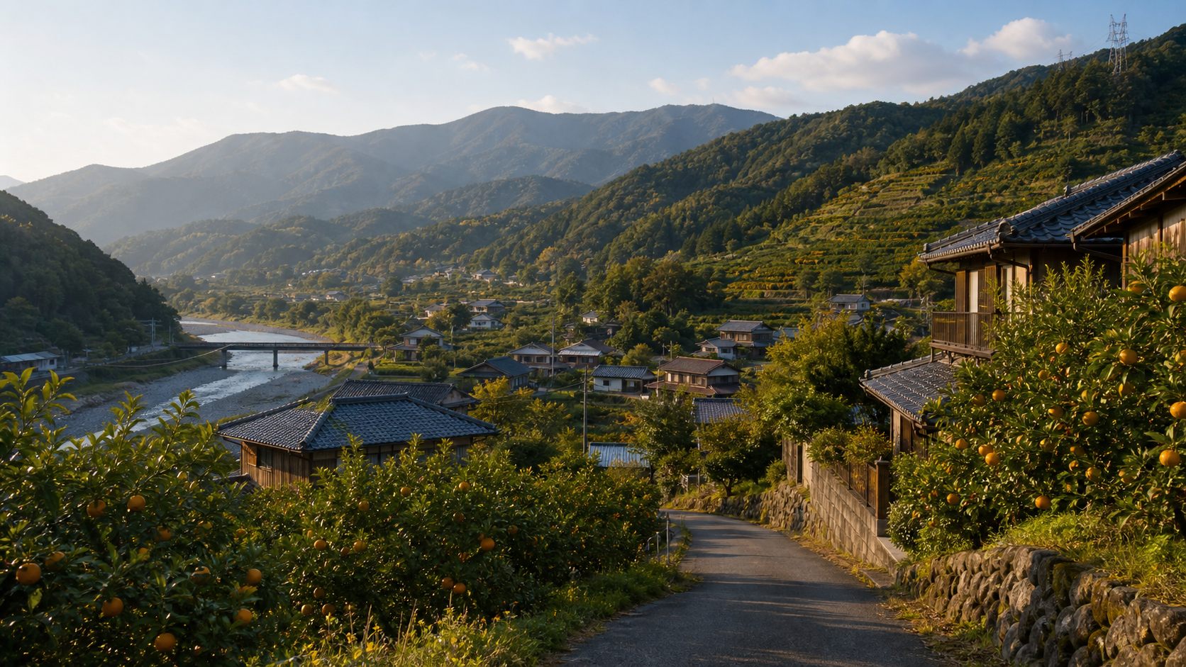 果樹園と川沿いの谷あい集落が見える紀中の田舎暮らしのイメージ風景