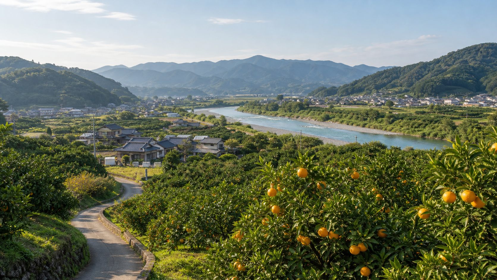 果樹園と川と低い山がある紀北・紀の川の田舎暮らしのイメージ風景