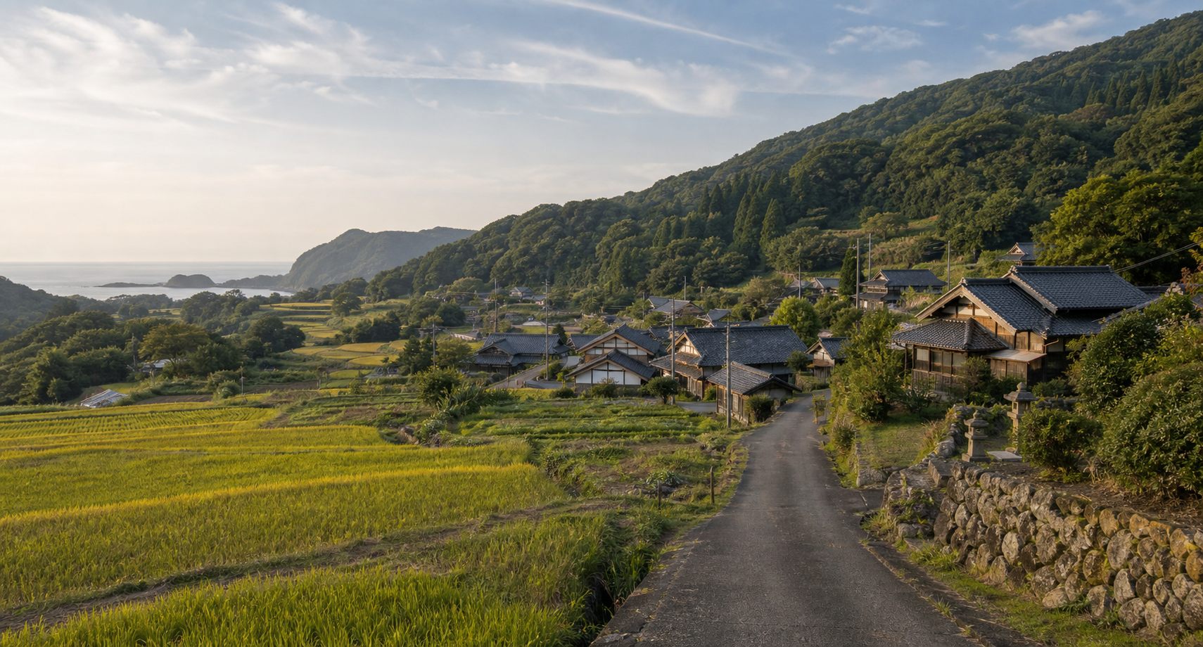 里山と田畑と半島の海が見える国東の田舎暮らしのイメージ風景