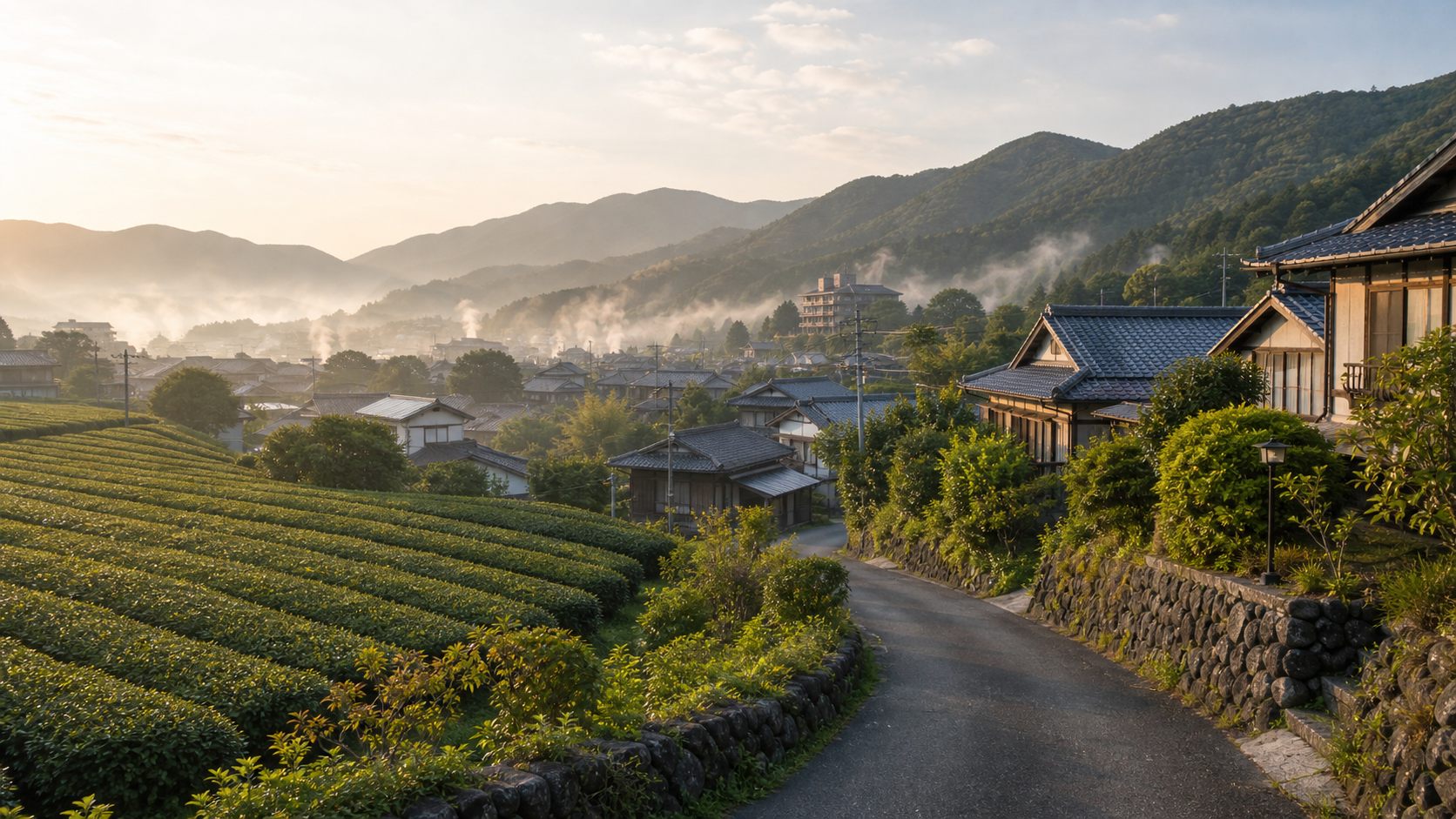 茶畑と温泉地に近い里山が見える武雄・嬉野の田舎暮らしのイメージ風景