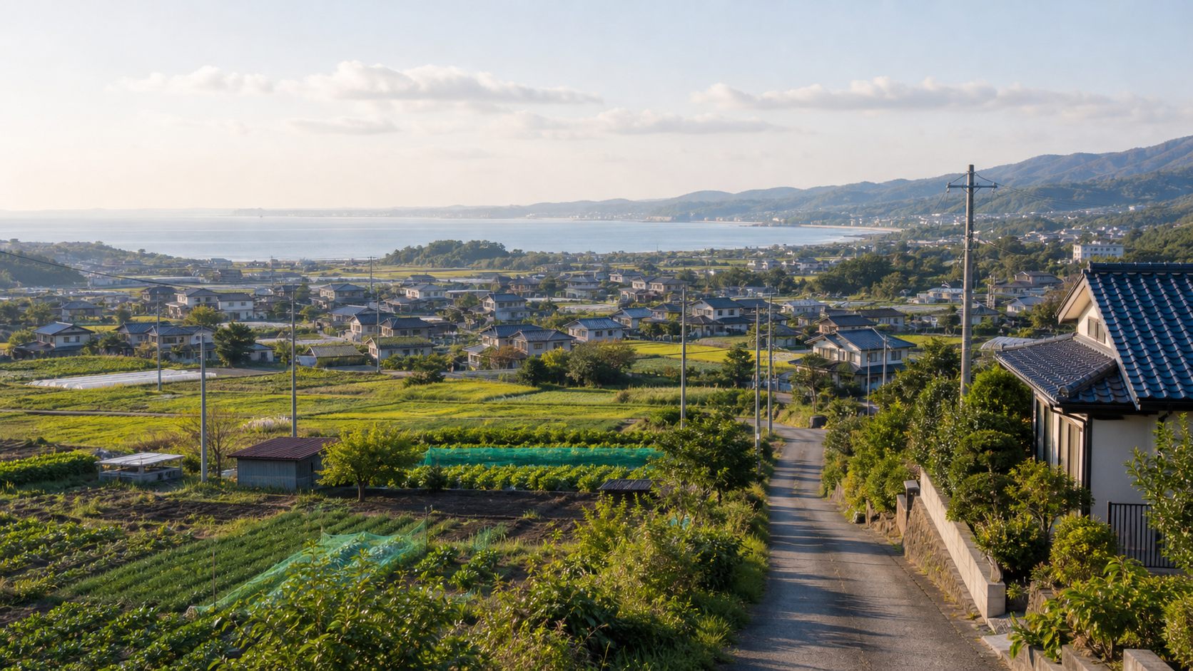 湾岸の海と里山の畑が見える内房・北総の田舎暮らしのイメージ風景