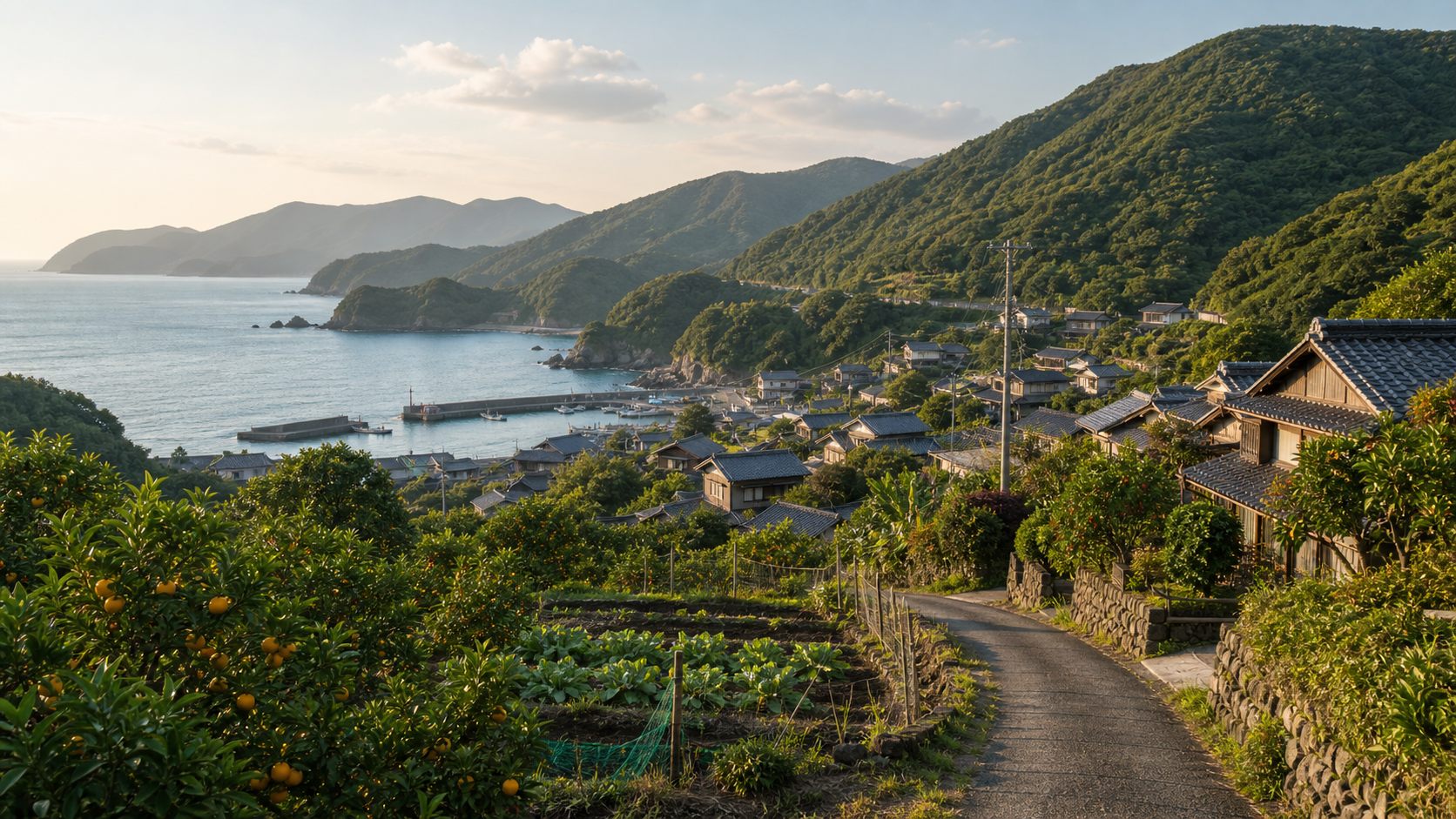 海と港と山あいの集落が見える臼杵・佐伯の田舎暮らしのイメージ風景