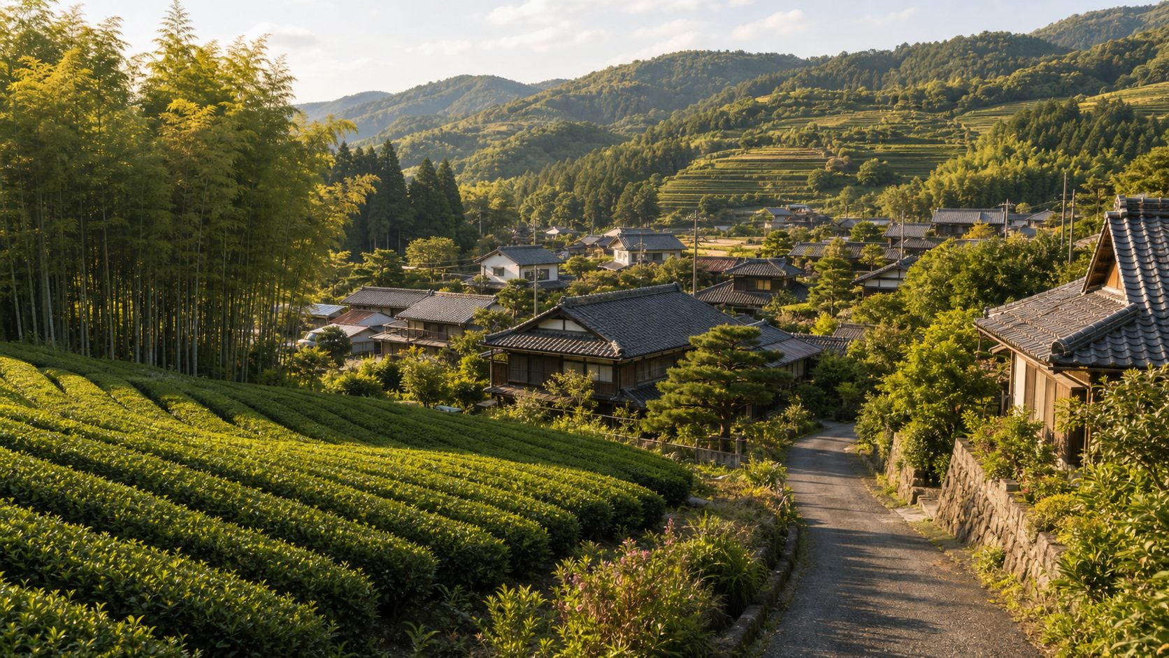 茶畑と竹林と里山集落が見える山城・京都南部の田舎暮らしのイメージ風景